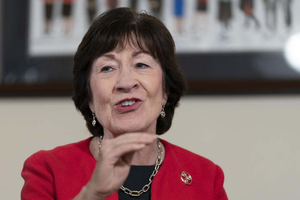 Senate Appropriations Committee ranking member Sen. Susan Collins, R-Maine, speaks during an interview with The Associated Press along with Shalanda Young, the first Black woman to lead the Office of Management and Budget, Senate Appropriations Committee chair Sen. Patty Murray, D-Wash., House Appropriations Committee ranking member Rep. Rosa DeLauro, D-Conn.; and House Appropriations Committee chair Rep. Kay Granger, R-Texas, at the Capitol in Washington, Thursday, Jan. 26, 2023. It's the first time in history that the four leaders of the two congressional spending committees are women. (AP Photo/Manuel Balce Ceneta)