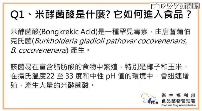 衛福部指出，米酵菌酸易在富含脂肪酸的食物中繁殖，特別是椰子和玉米，在攝氏溫度22至23度和中性pH值的環境中，會迅速增殖。（圖／衛福部提供）