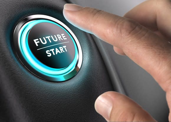 A finger reaching to push a button labeled Future Start.