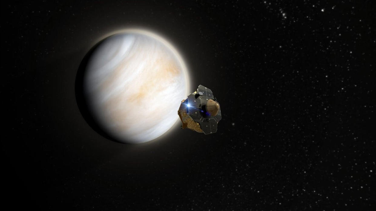  Illustration of a small spacecraft approaching cloudy venus, with the blackness of space in the background. 