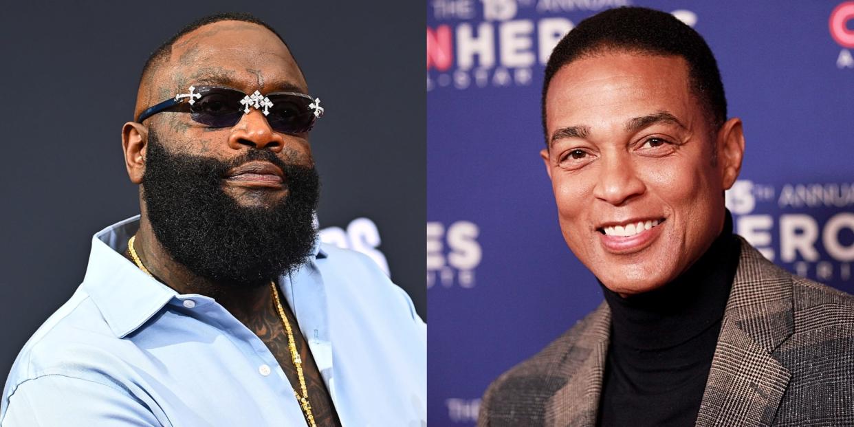 A composite image of Rick Ross wearing dark sunglasses and a gold chain next to a picture of Don Lemon smiling in a black turtleneck and plaid blazer.