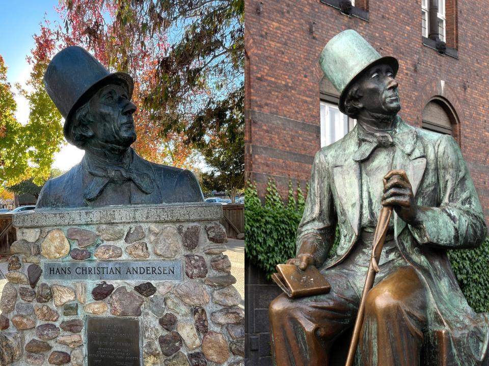 The Hans Christian Andersen statue in Solvang and Copenhagen