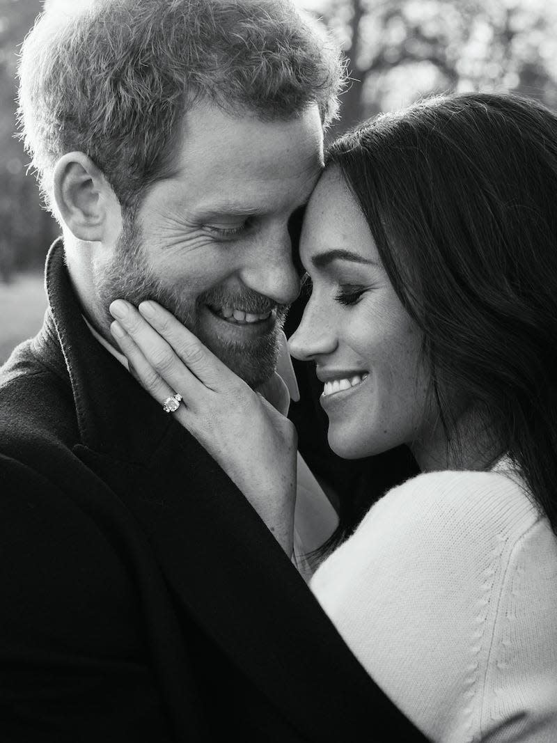 Prince Harry and Meghan Markle's engagement photo, a black and white image of the two close together