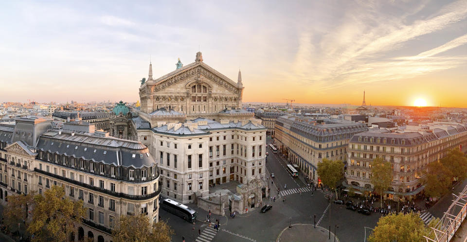 Panoramic view of Paris skyline with Garnier Opera and Eiffel Tower during sunset, Paris, France