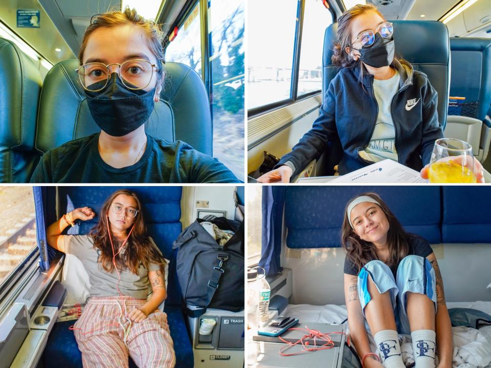 Snapshots of the author on four different Amtrak trains in 2021 and 2022.