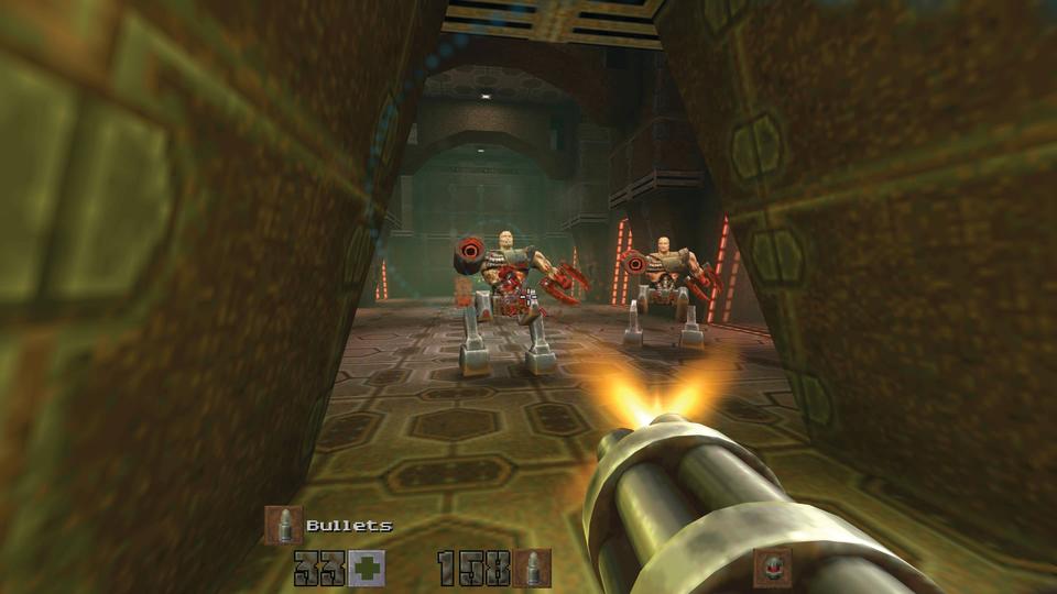 Shooting at a Gladiator Strogg in Quake 2.