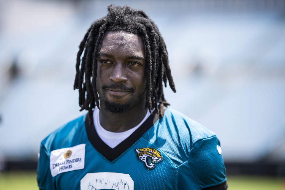 JACKSONVILLE, FLORIDA - MAY 30: Calvin Ridley #0 of the Jacksonville Jaguars looks on during an offseason workout on May 30, 2023 at TIAA Bank Field in Jacksonville, Florida. (Photo by James Gilbert/Getty Images)