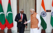 Maldives President Ibrahim Mohamed Solih and India's Prime Minister Narendra Modi shake hands ahead of their meeting at Hyderabad House in New Delhi, December 17, 2018. REUTERS/Adnan Abidi