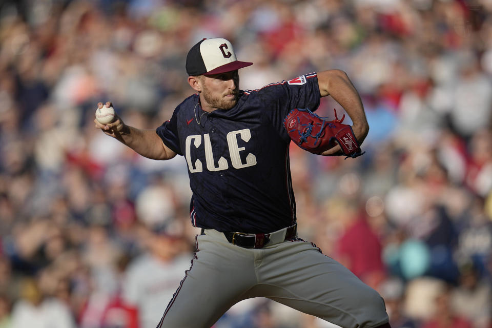 Cleveland Guardians' Tanner Bibee pitches to a Washington Nationals batter during the first inning of a baseball game Friday, May 31, 2024, in Cleveland. (AP Photo/Sue Ogrocki)