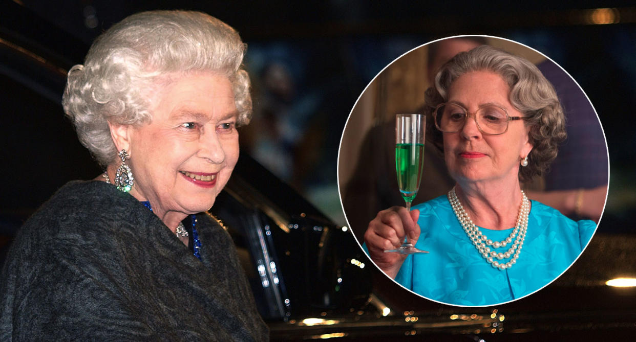 Queen Elizabeth arrives at a film premiere in, 2010, with Penelope Wilton (inset) in 2016's The BFG. (AFP via Getty Images)