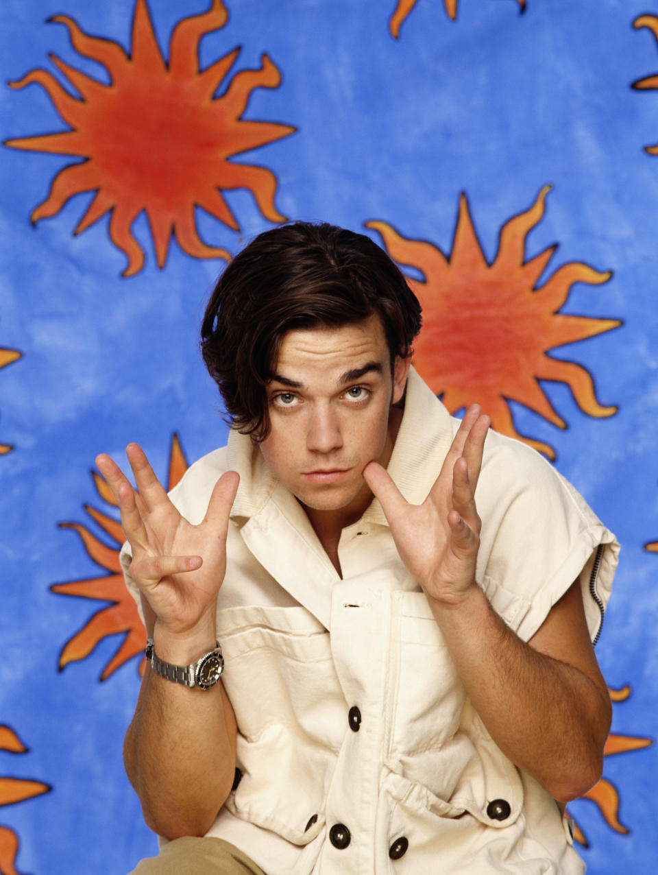 Singer Robbie Williams of English boy band Take That, circa 1994. (Photo by Tim Roney/Getty Images) 