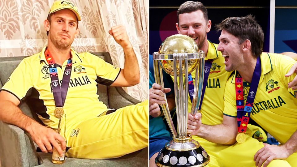 Indian fast bowler Mohammed Shami has taken aim at Mitch Marsh for the photo of him putting his feet on the World Cup trophy. (Images; Twitter/Getty Images)