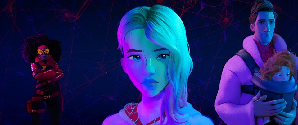 Gwen Stacy (voiced by Hailee Steinfeld, center), alongside Jessica Drew (Issa Rae) and Peter B. Parker (Jake Johnson), rounds up some familiar faces to save a friend in "Spider-Man: Across the Spider-Verse."