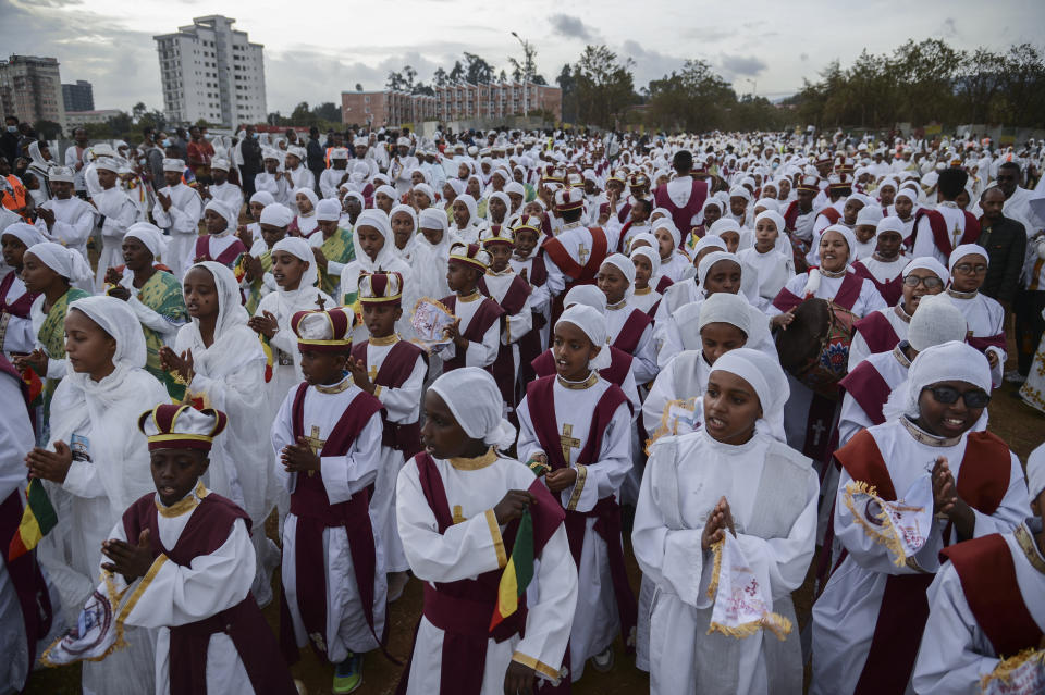 FILE - Christians from the Ethiopian Orthodox church celebrate the first day of the festival of Timkat, or Epiphany, in the capital Addis Ababa, Ethiopia on Jan. 18, 2022. Widespread tensions caused by a rift within Ethiopia's Orthodox Christian church have resulted in the suspension of access to social media platforms including TikTok, Facebook and Telegram on Friday, Feb. 10, 2023. (AP Photo, File)