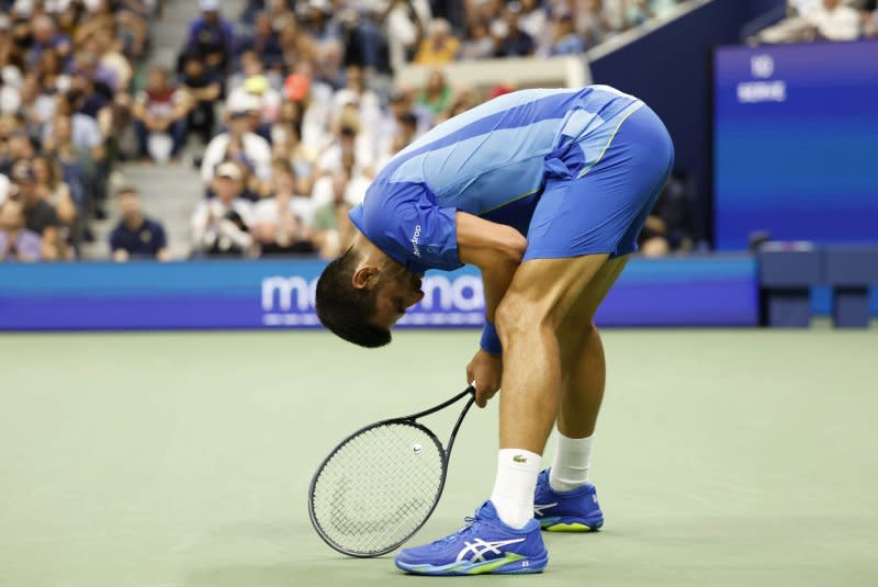 Novak Djokovic of Serbia catches his breath after a long point in the second set against Daniil Medvedev of Russia in the men's singles final at the 2023 U.S. Open on Sunday in Flushing, N.Y. Photo by John Angelillo/UPI
