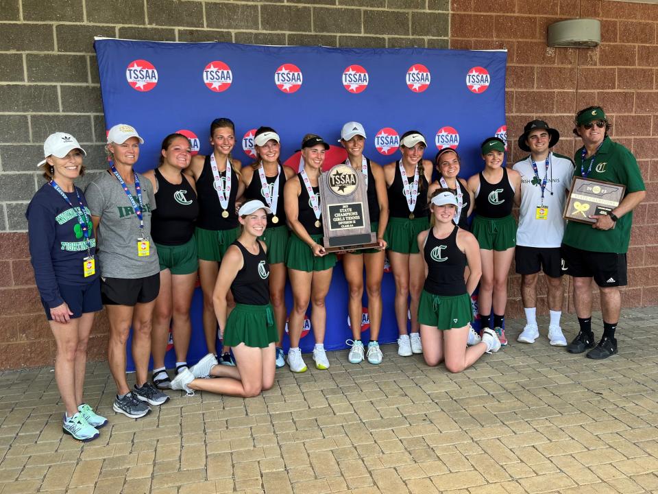 The Catholic High girls’ tennis team won their third straight Division II-AA state championship in Murfreesboro in late May 2023. Kneeling are Pauline Schneiter, left, and Logan Connatser. Standing, from left, are coach Michelle White, coach Karen Lorino, Marianna Hurley, Payton Carroll, Eleni Liakonis, Gigi Sompayrac, Maeve Thornton, Lillie Murphy, Karenna Thurman, Lauren Murphy, coach Jake Lorino, and head coach Rusty Morris.