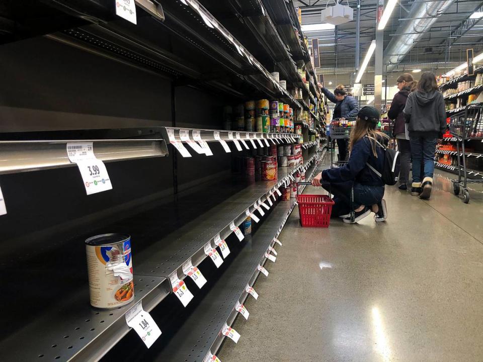 The aisle of canned food at Raley’s at Fair Oaks Blvd. and Howe Avenue has little inventory on Monday afternoon, March 16, 2020 in Sacramento.