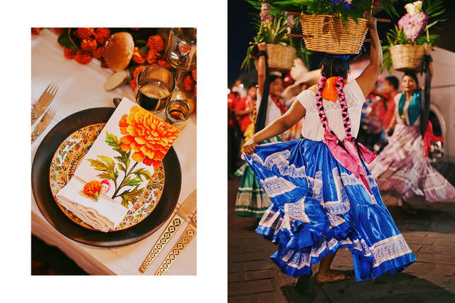 <p>Daniel Seung Lee</p> From left: Place settings for a private hacienda dinner; a troupe of chinas oaxaqueñas dancers greeting Prior guests outside Escondido Oaxaca.