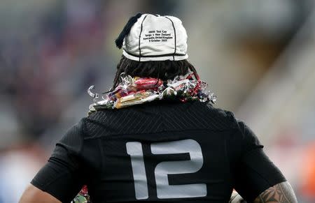 Rugby Union - New Zealand v Tonga - IRB Rugby World Cup 2015 Pool C - St James' Park, Newcastle, England - 9/10/15 Ma'a Nonu wears a hat commemorating his 100th cap for New Zealand Reuters / Russell Cheyne