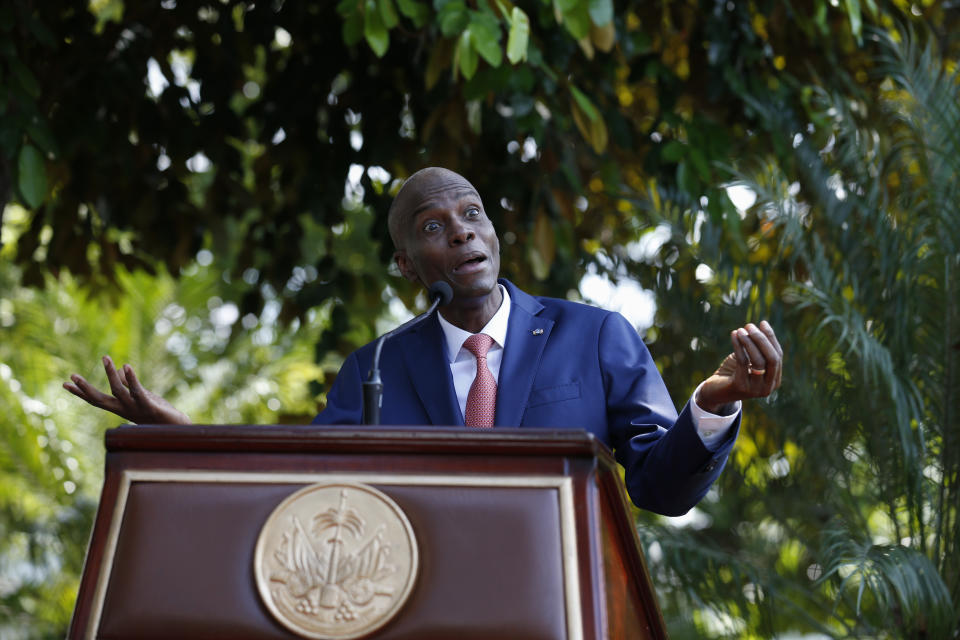 President Jovenel Moïse speaks during a press conference at the National Palace in Port-au-Prince, Haiti, Tuesday, Oct. 15, 2019. Haiti's embattled president faced a fifth week of protests as road blocks and marches continue across the country, after opposition leaders said they will not back down on their call for Moïse to resign. (AP Photo/Rebecca Blackwell)