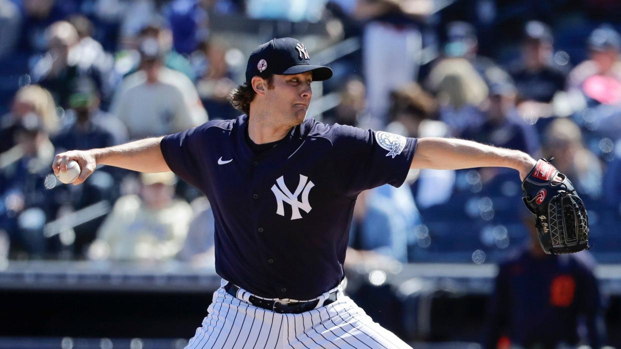 Mandatory Credit: Photo by Frank Franklin II/AP/Shutterstock (10572444j)New York Yankees' Gerrit Cole delivers a pitch during the first inning of a spring training baseball game against the Detroit Tigers, in Tampa, FlaTigers Yankees Baseball, Tampa, USA - 29 Feb 2020.