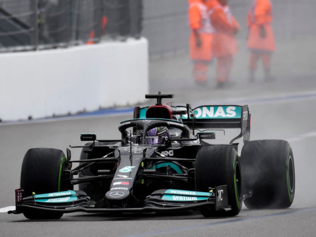 Hamilton crashed into the pit wall and then spun into the wall during his final flying lap (AFP via Getty Images)