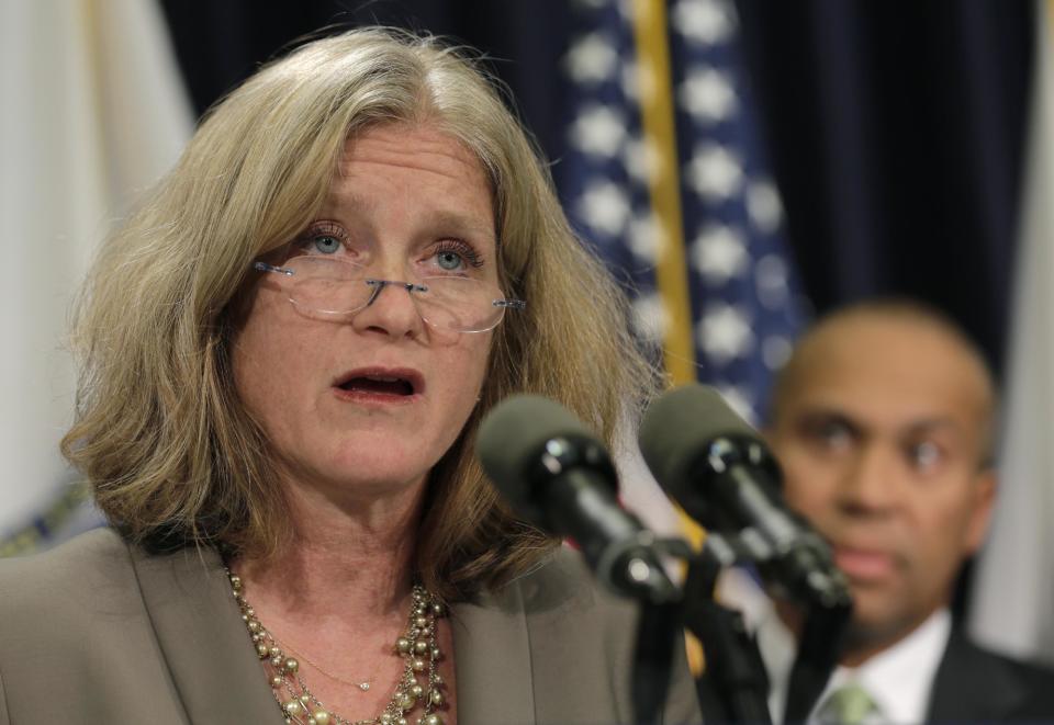 Dr. Madeleine Biondolillo, Director of the Mass. Bureau of Healthcare Safety, addresses reporters during a news conference regarding the Massachusetts pharmacy responsible for the meningitis outbreak during a news conference at the Statehouse in Boston, Tuesday, Oct. 23, 2012. The outbreak of meningitis, an inflammation of the lining of the brain and spinal cord, has sickened nearly 300 people, including 23 who died, in more than a dozen states. (AP Photo/Charles Krupa)