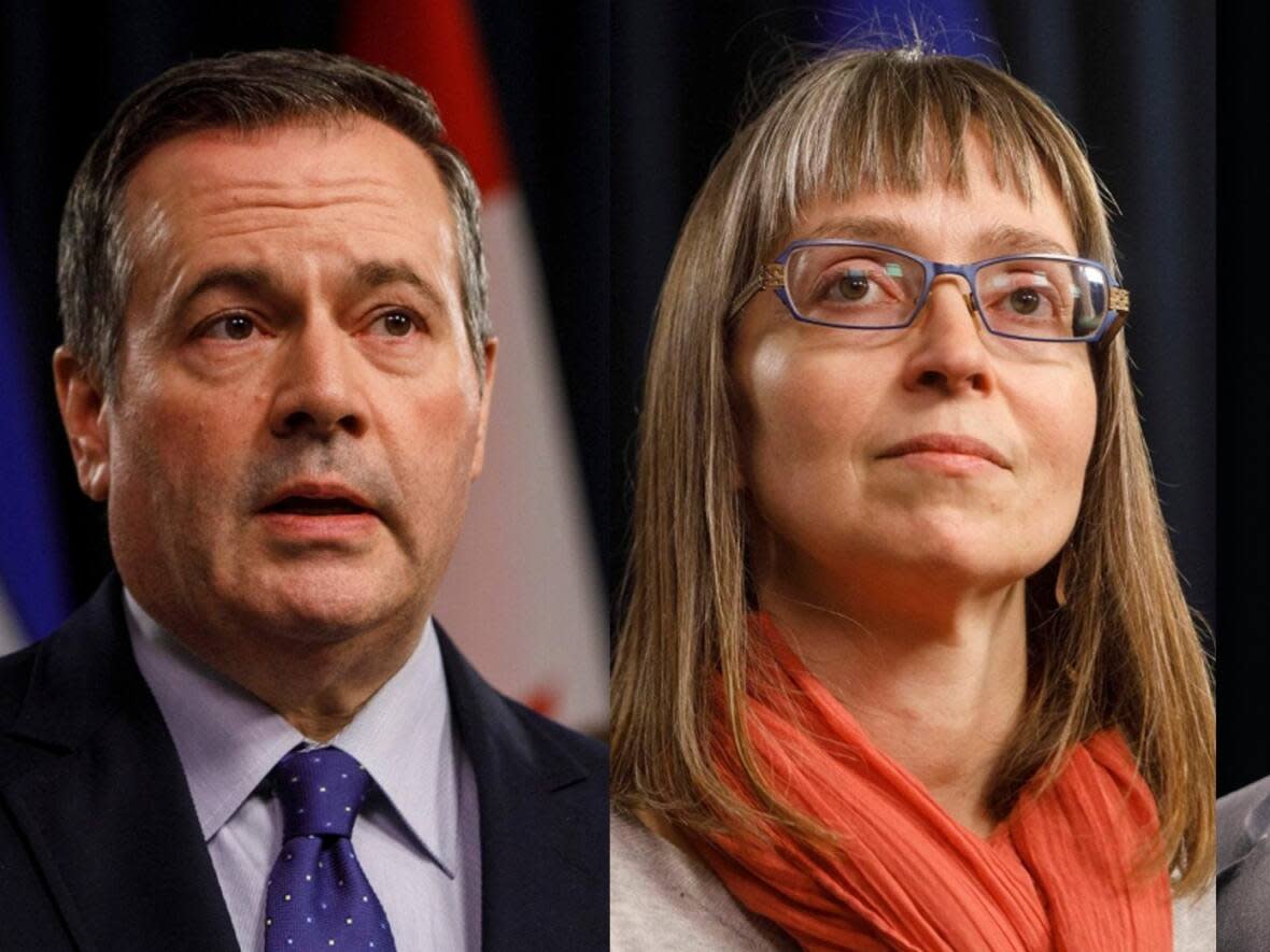 From left, Alberta Premier Jason Kenney, Dr. Deena Hinshaw, the province's chief medical officer of health, and Health Minister Jason Copping. Kenney announced plans Tuesday to lift COVID-19 measures for the province.  (Jason Franson/The Canadian Press; Government of Alberta - image credit)