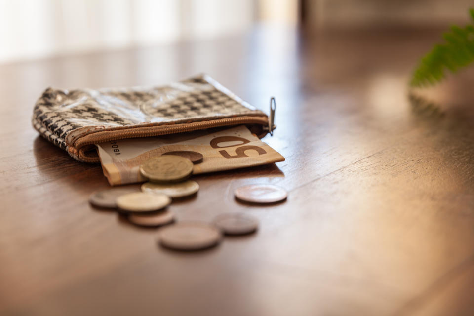 A small pouch with a mix of coins and a 50 Euro bill spilling out onto a wooden surface. A green plant is in the background