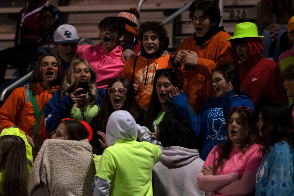 Conwell-Egan Catholic students fill the student section in support of their football team at Harry S. Truman High School's field on Friday, November 5. The Conwell-Egan Catholic Eagles fell to the West Catholic Birds 13-18 in PCL playoffs.