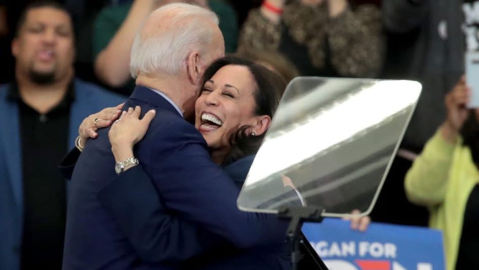 Sen. Kamala Harris (D-CA), hugs Democratic presidential candidate former Vice President Joe Biden after introducing him at a campaign rally at Renaissance High School on March 09, 2020, in Detroit, Michigan. <br>(Photo by Scott Olson/Getty Images)