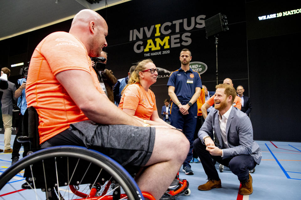 THE HAGUE, NETHERLANDS - MAY 09: Prince Harry, Duke of Sussex greets athletes during the launch of the Invictus Games on May 9, 2019 in The Hague, Netherlands. (Photo by Patrick van Katwijk/WireImage)