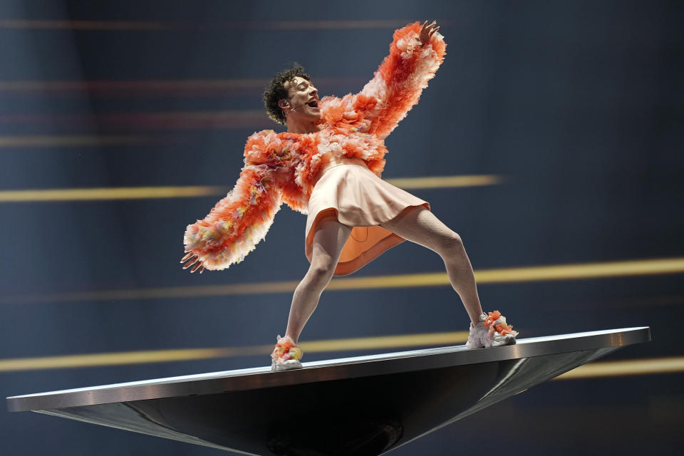 Nemo of Switzerland performing the song The Code during the dress rehearsal for the final at the Eurovision Song Contest in Malmo, Sweden, Friday, May 10, 2024. (AP Photo/Martin Meissner)