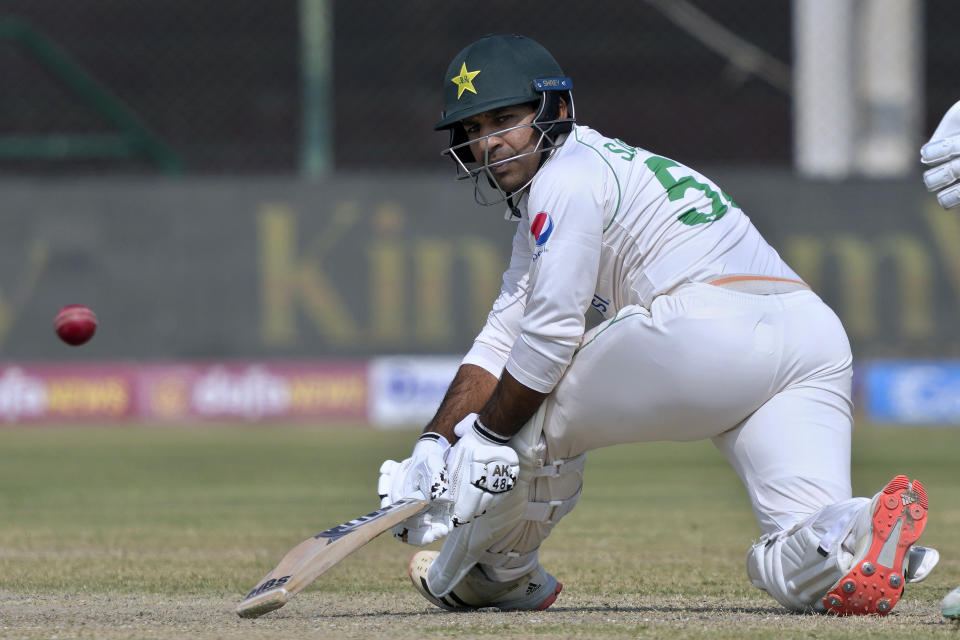 Pakistan's Sarfaraz Ahmed plays a shot during the first day of first test cricket match between Pakistan and New Zealand, in Karachi, Pakistan, Monday, Dec. 26, 2022. (AP Photo/Fareed Khan)