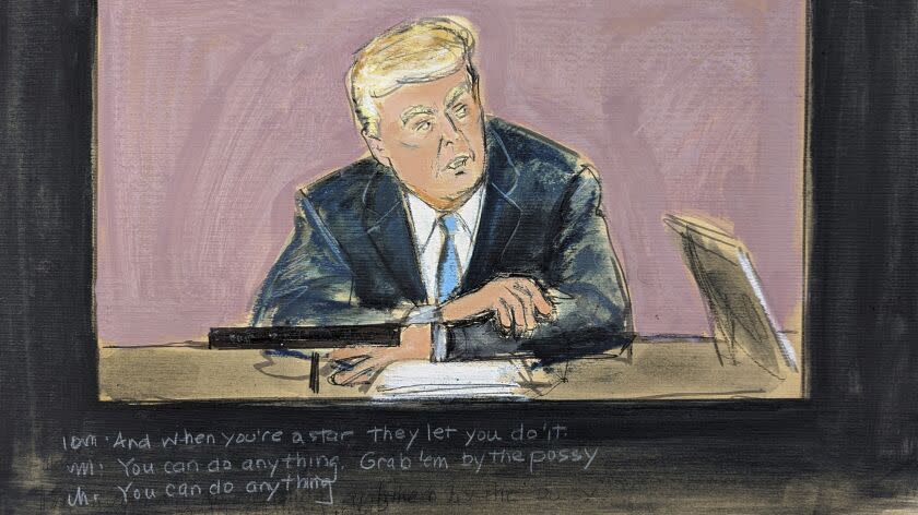 In this courtroom sketch, Donald Trump's deposition video tape plays on a screen, in Manhattan federal court, Thursday, May 4, 2023 in New York. (Elizabeth Williams via AP)