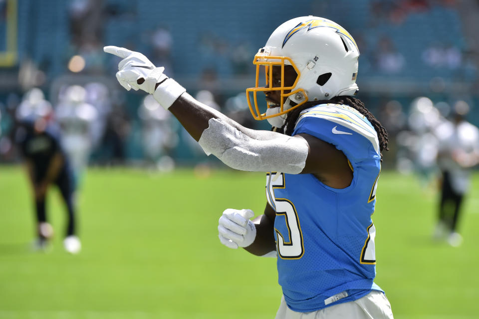 MIAMI, FL - SEPTEMBER 29: Melvin Gordon #25 of the Los Angeles Chargers in action during pregame before the start of the game against the Miami Dolphins at Hard Rock Stadium on September 29, 2019 in Miami, Florida. (Photo by Eric Espada/Getty Images)