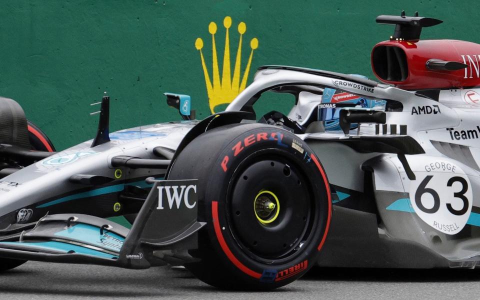 Mercedes driver George Russell of Britain steers his car during the qualifying session ahead of the Formula One Grand Prix at the Spa-Francorchamps racetrack in Spa, Belgium, Saturday, Aug. 27, 2022. - AP