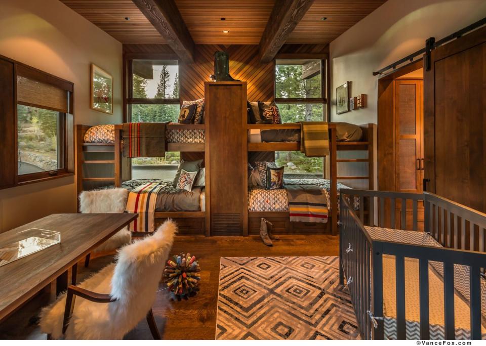 <p>Set in the mountains, this bunk room features fur accents and patterned fabrics. Design by <a href="https://deringhall.com/interior-designers/scott-corridan-design" rel="nofollow noopener" target="_blank" data-ylk="slk:Scott Corridan;elm:context_link;itc:0;sec:content-canvas" class="link ">Scott Corridan</a>.</p>