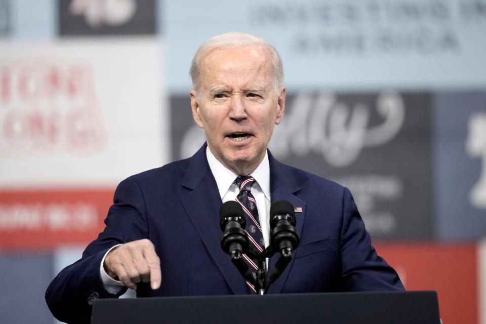 President Joe Biden speaks about his 2024 proposed budget at the Finishing Trades Institute, Thursday, March 9, 2023, in Philadelphia. (AP Photo/Matt Rourke) ORG XMIT: PAMR307