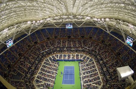 Sep 1, 2016; New York, NY, USA; A general view of the closed roof above Arthur Ashe Stadium as rain falls outside during the match between Andy Murray of Great Britain and Marcel Granollers of Spain on day four of the 2016 U.S. Open tennis tournament at USTA Billie Jean King National Tennis Center. Robert Deutsch-USA TODAY Sports