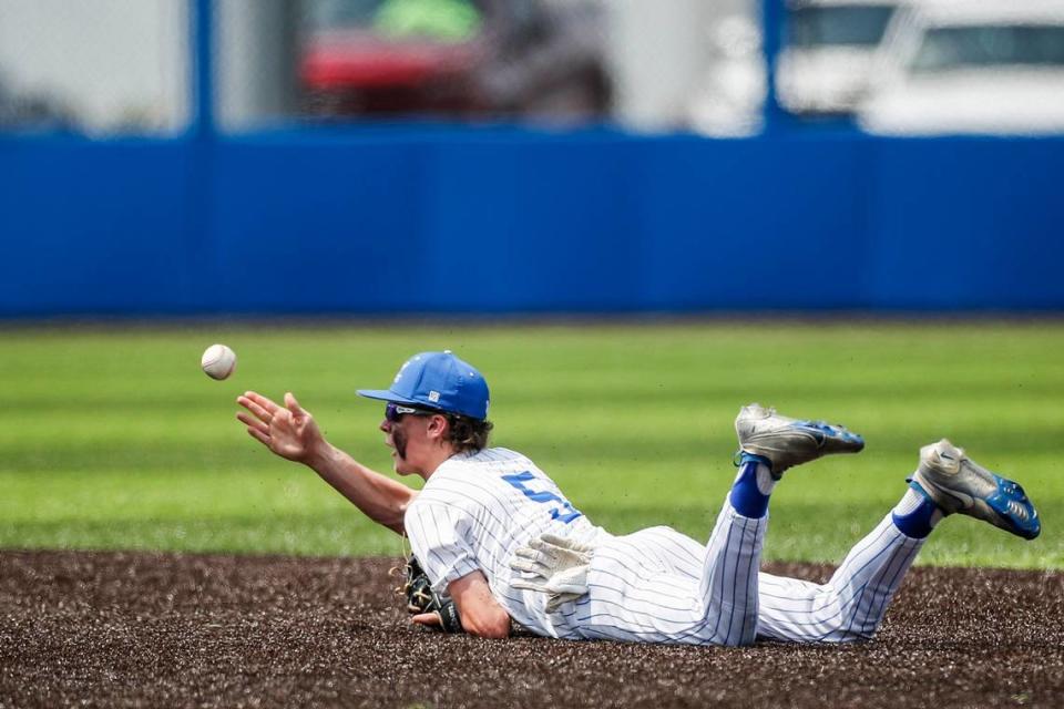 Lexington Catholic’s Jackson Wasik (5) throws the ball to teammate Max DeGraff to turn a double play against Apollo during the state tournament at Counter Clocks Field on Saturday.