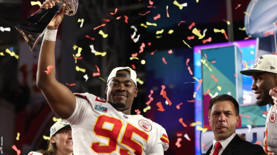 Chris Jones with the trophy after the Kansas City Chiefs win Super Bowl 57