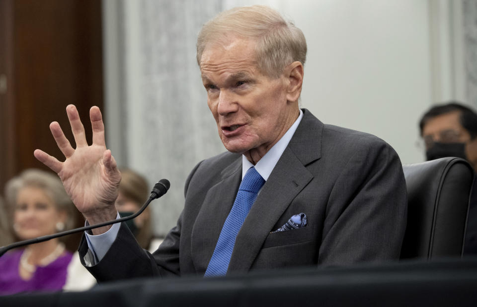 Former Sen. Bill Nelson, nominee to be administrator of NASA, speaks during a Senate Committee on Commerce, Science, and Transportation confirmation hearing, Wednesday, April 21, 2021 on Capitol Hill in Washington. (Saul Loeb/Pool via AP)