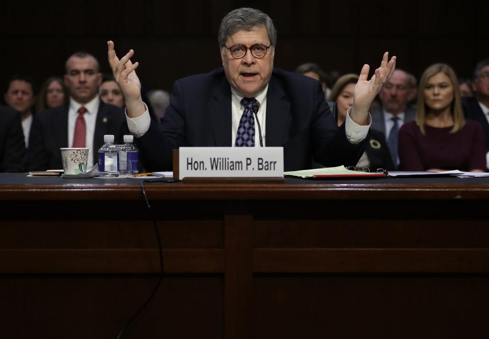 Attorney general nominee William Barr testifies at his confirmation hearing before the Senate Judiciary Committee on Jan. 15, 2019, in Washington.