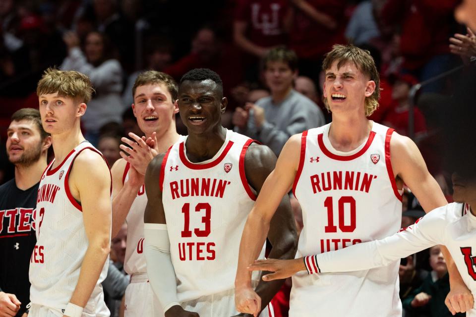 Utah Utes teammates cheer from the bench during the men’s college basketball game between the Utah Utes and the Colorado Buffaloes at the Jon M. Huntsman Center in Salt Lake City on Saturday, Feb. 3, 2024. | Megan Nielsen, Deseret News