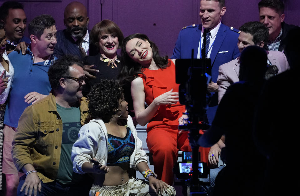 Patti LuPone, Katrina Lenk, and the cast of "Company" perform at the 75th annual Tony Awards on Sunday, June 12, 2022, at Radio City Music Hall in New York. (Photo by Charles Sykes/Invision/AP)