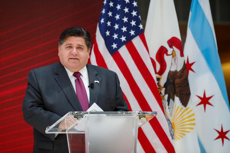 Governor of Illinois Jay Robert Pritzker speaks during a science initiative event at the University of Chicago, in Chicago, Illinois