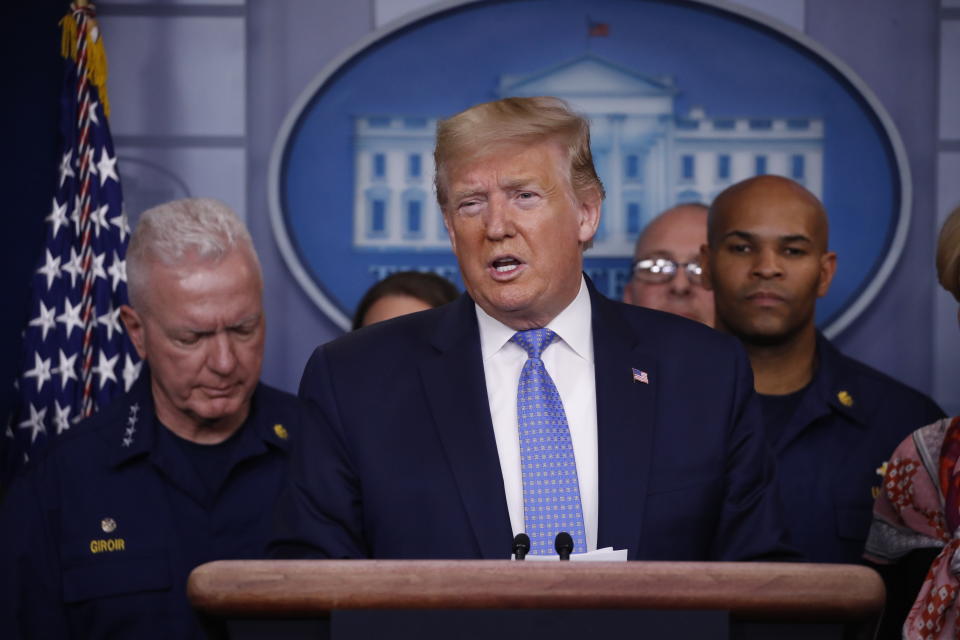 President Donald Trump speaks during a briefing about the coronavirus in the James Brady Press Briefing Room of the White House, Sunday, March 15, 2020, in Washington. (AP Photo/Alex Brandon)