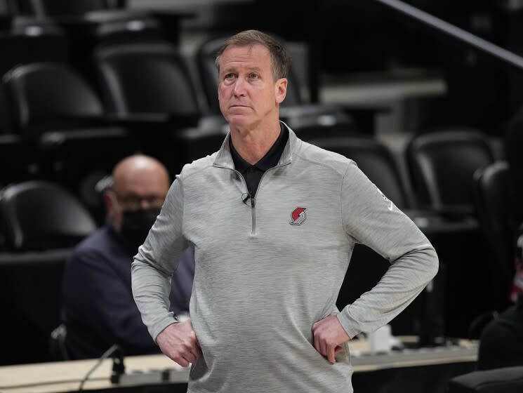 Portland Trail Blazers head coach Terry Stotts looks on against the Denver Nuggets.