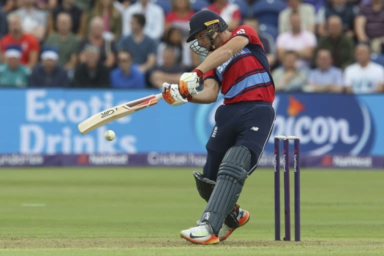 England's Jos Buttler plays a shot during the third T20 international cricket match against South Africa at Sophia Gardens in Cardiff, south Wales, on June 25, 2017